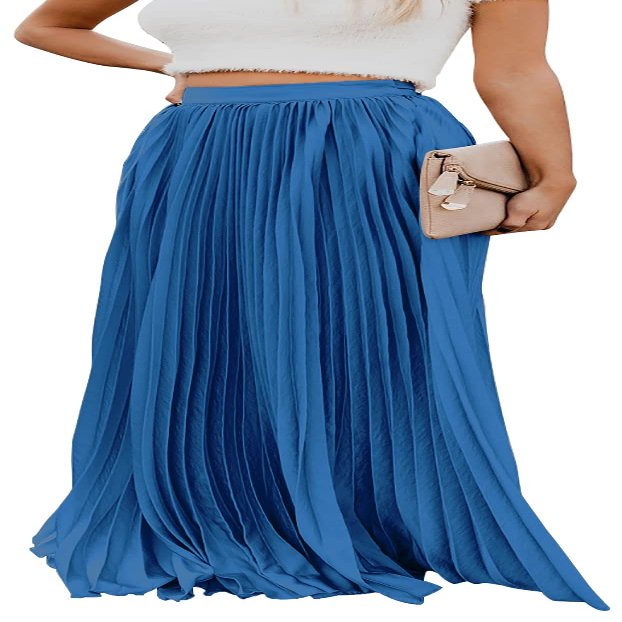 ebossy Women's High Waist Flowy Pleated Chiffon Maxi Skirt (Medium, Blue)