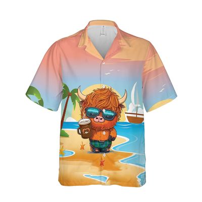 V-DECORPARKS Highland Cattle Hawaiian Shirts for Men - Drink Coffee Mens Hawaiian Button Down Short Sleeve Shirts Set 25 Size M