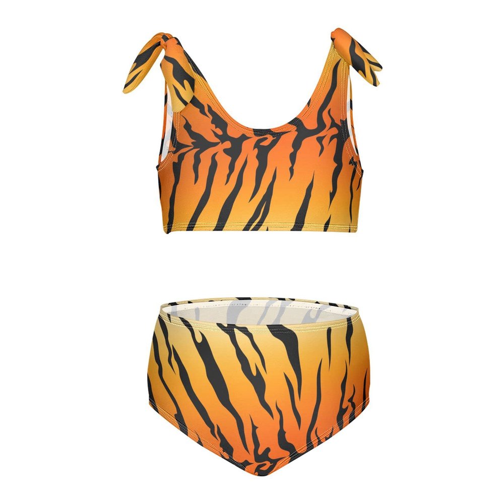Aflyko Girls' Swimwear Tiger Skin 2-Piece Bikini Set Summer Swimsuit Vacation Bathing Suit Hawaii Beachwear Water Sport Tankini Set 9-10T