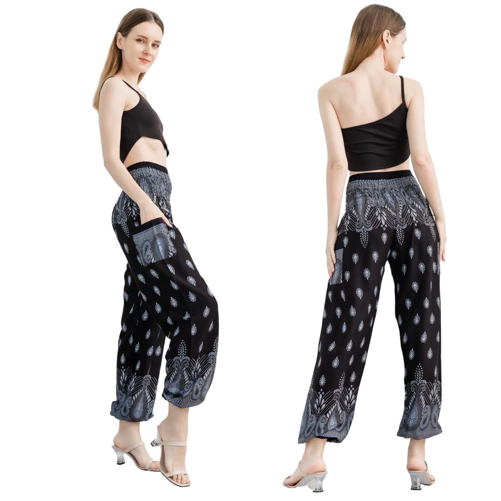 Boho Pants 2-Pocket Flowy Harem Pants Women for Yoga Travel Hippie Clothes