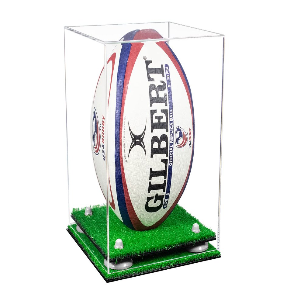 Better Display Cases Acrylic Rugby Ball Display Case Vertical with Clear Case, White Risers, Turf Base 8" x 8" x 12" (A060/B42)