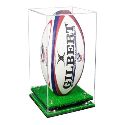 Better Display Cases Acrylic Rugby Ball Display Case Vertical with Clear Case, Silver Risers, Turf Base 8" x 8" x 12" (A060/B42)
