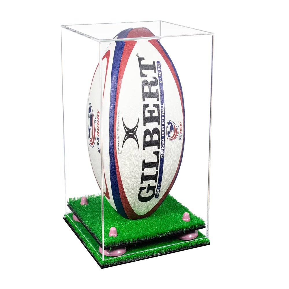 Better Display Cases Acrylic Rugby Ball Display Case Vertical with Clear Case, Pink Risers, Turf Base 8" x 8" x 12" (A060/B42)