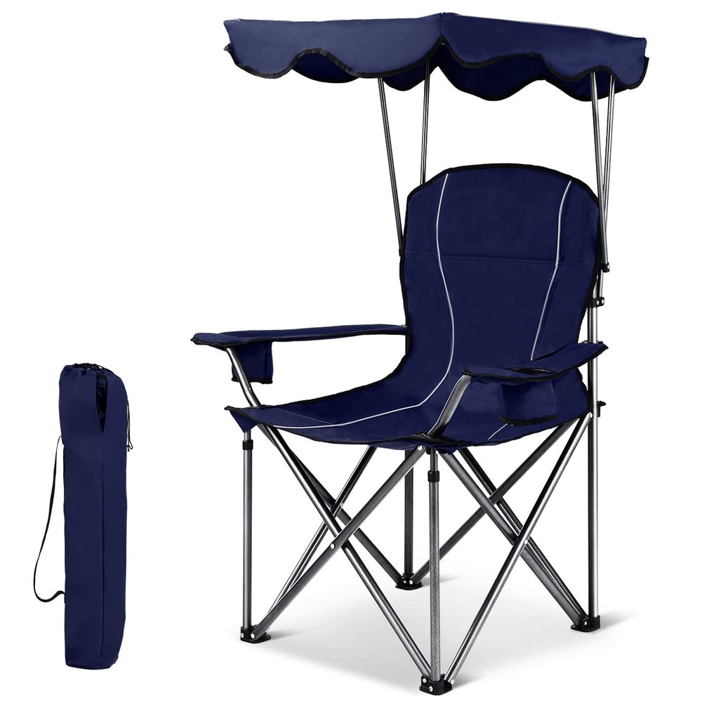 S AFSTAR Folding Camping Chair with Canopy, Portable Lawn Beach Canopy Chair with Cup Holder & Carry Bag, Load Bearing Up to 265LBS, Folding Chair for Outside Outdoor Travel Hiking Fishing (Navy)