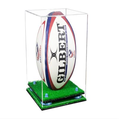 Better Display Cases Acrylic Rugby Ball Display Case Vertical with Clear Case, Light Blue Risers, Turf Base 8" x 8" x 12" (A060/B42)