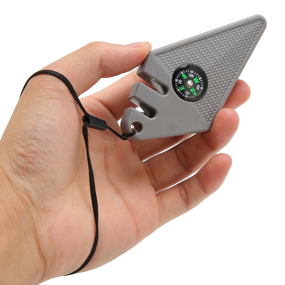 Tefola Pocket Knife Sharpener & Outdoor Survival Tool, 2PCS 6 in 1 Outdoor Knife Sharpener with Compass Survival Whistle Fish Hook Grinding Polishing Portable Gray