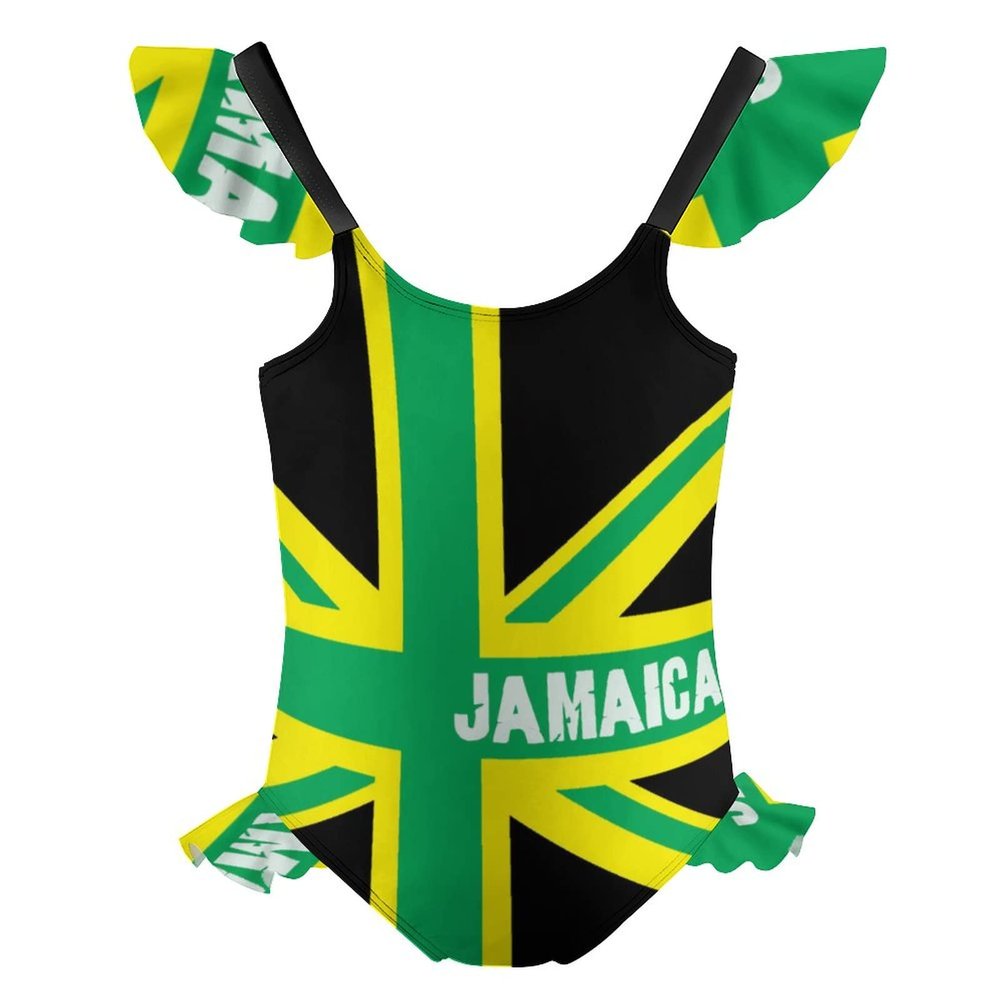 Jamaica Jamaican Kingdom Flag Cute Girl's One Piece Swimsuit Ruffles Adjustable Straps Sport Bathing Suit Beach Swimwear 7-9Y120cm