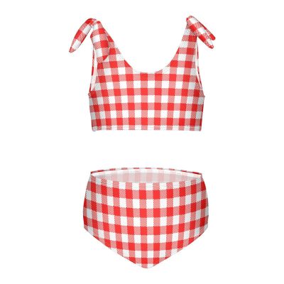 Aflyko Girls' Swimwear Gingham Plaid Red White 2-Piece Bikini Set Summer Swimsuit Holiday Bathing Suit Hawaii Beachwear Pool Water Sport Tankini Set 4T