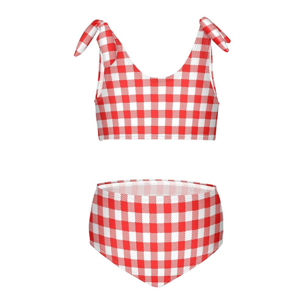 Aflyko Girls' Swimwear Gingham Plaid Red White 2-Piece Bikini Set Summer Swimsuit Holiday Bathing Suit Hawaii Beachwear Pool Water Sport Tankini Set 4T