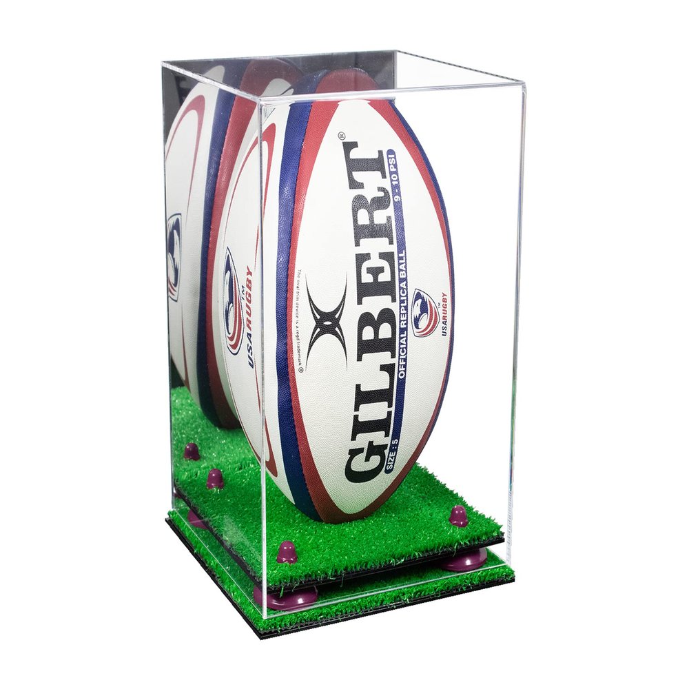 Better Display Cases Acrylic Rugby Ball Display Case Vertical with Mirror Case, Purple Risers, Turf Base 8" x 8" x 12" (A060/B42)