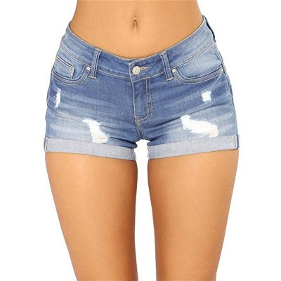 JEKE-DG Womens Mid Waist Denim Shorts Cuffed Hem Stretchy Ripped Hole Short Jeans Casual Summer Denim Jean Shorts (Small,Light Blue)