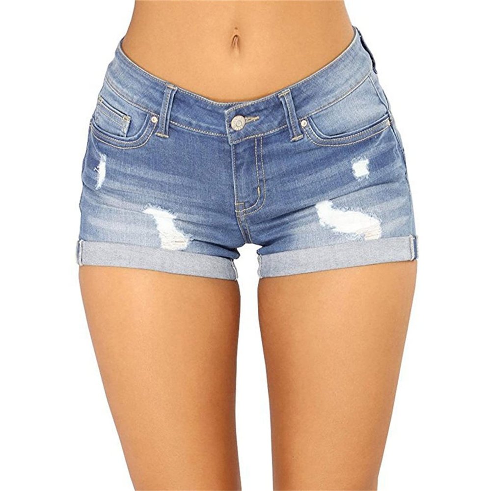 JEKE-DG Womens Mid Waist Denim Shorts Cuffed Hem Stretchy Ripped Hole Short Jeans Casual Summer Denim Jean Shorts (Small,Light Blue)