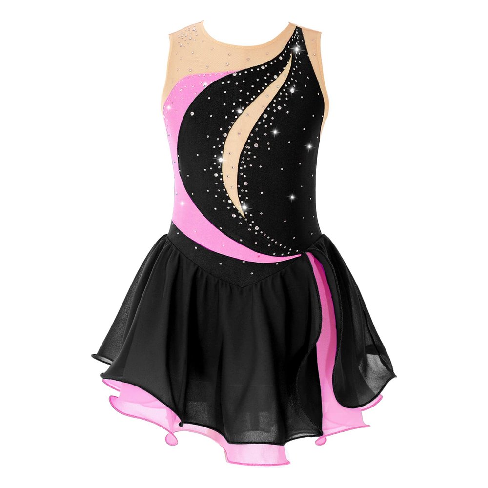 Agoky Kids Girls Sparkly Figure Ice Skating Dress Gymnastic Tutu Skirted Leotard Ballet Dance Dress Dancewear Costume Black B 12 Years