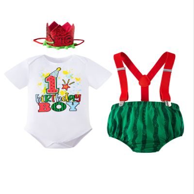 MOMMY'S NEW MAN Toddler Baby Boys Melon One 1st Birthday Cake Smash Outfit Romper + Shorts + Suspenders (12-18 Months)