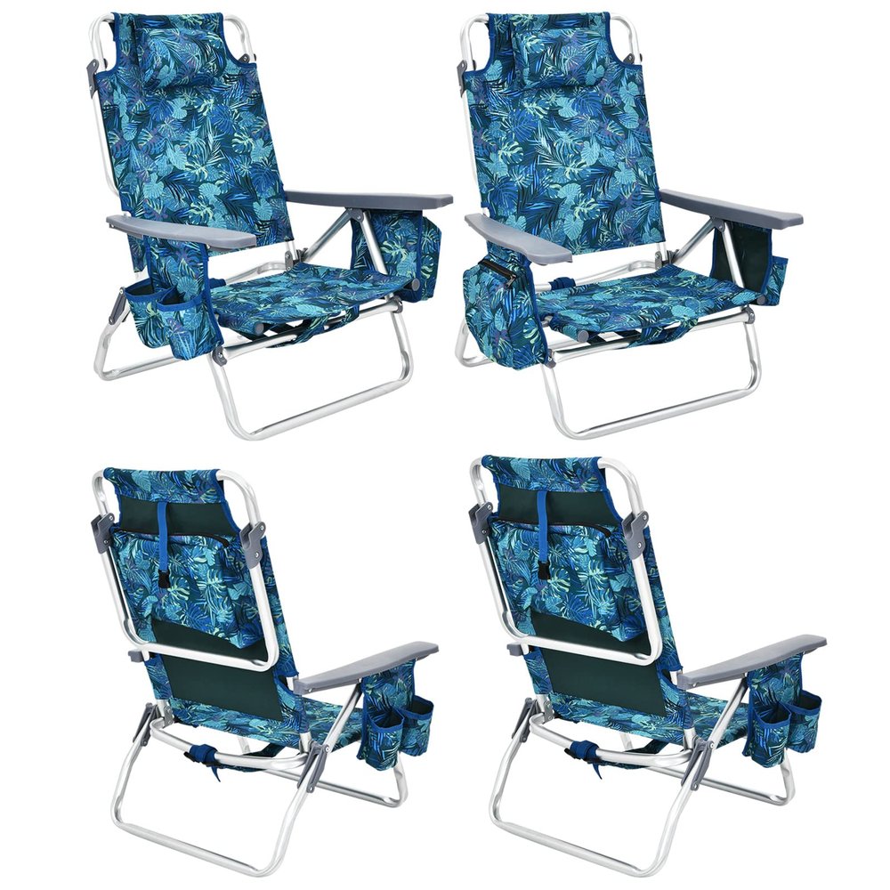 S AFSTAR Beach Chair Set of 4, Folding Camping Chairs, 5-Position Adjustable Chairs W/Ice Bag, Comfort Pillow, Cup Holder, Backpack Recline Beach Chairs for Sunbathing Fishing Travel (4, Navy Pattern)