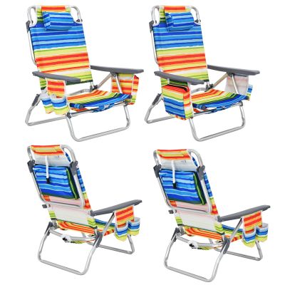 S AFSTAR Beach Chair Set of 4, Folding Camping Chairs, 5-Position Adjustable Chairs W/Ice Bag, Comfort Pillow, Cup Holder, Backpack Recline Beach Chairs for Sunbathing Fishing Travel (4, Color Strip)