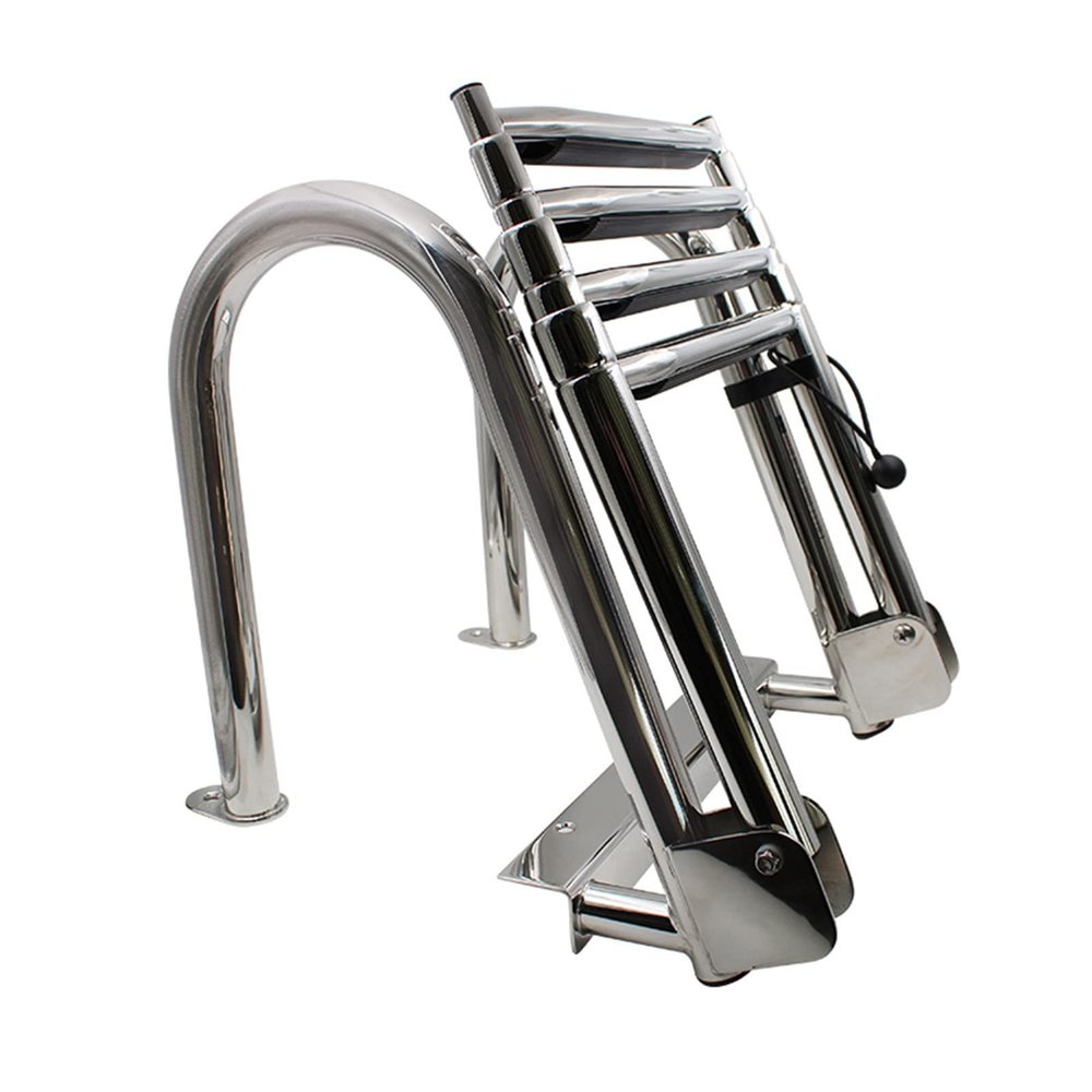 316 Stainless Steel 4 Step Pontoon Boat Ladder Folding Marine Ladder Marine Heavy Duty Telescoping Ladder with Inboard Handrail and Wider Pedals, for Boat Yacht Dock/Swim Pool/Mari