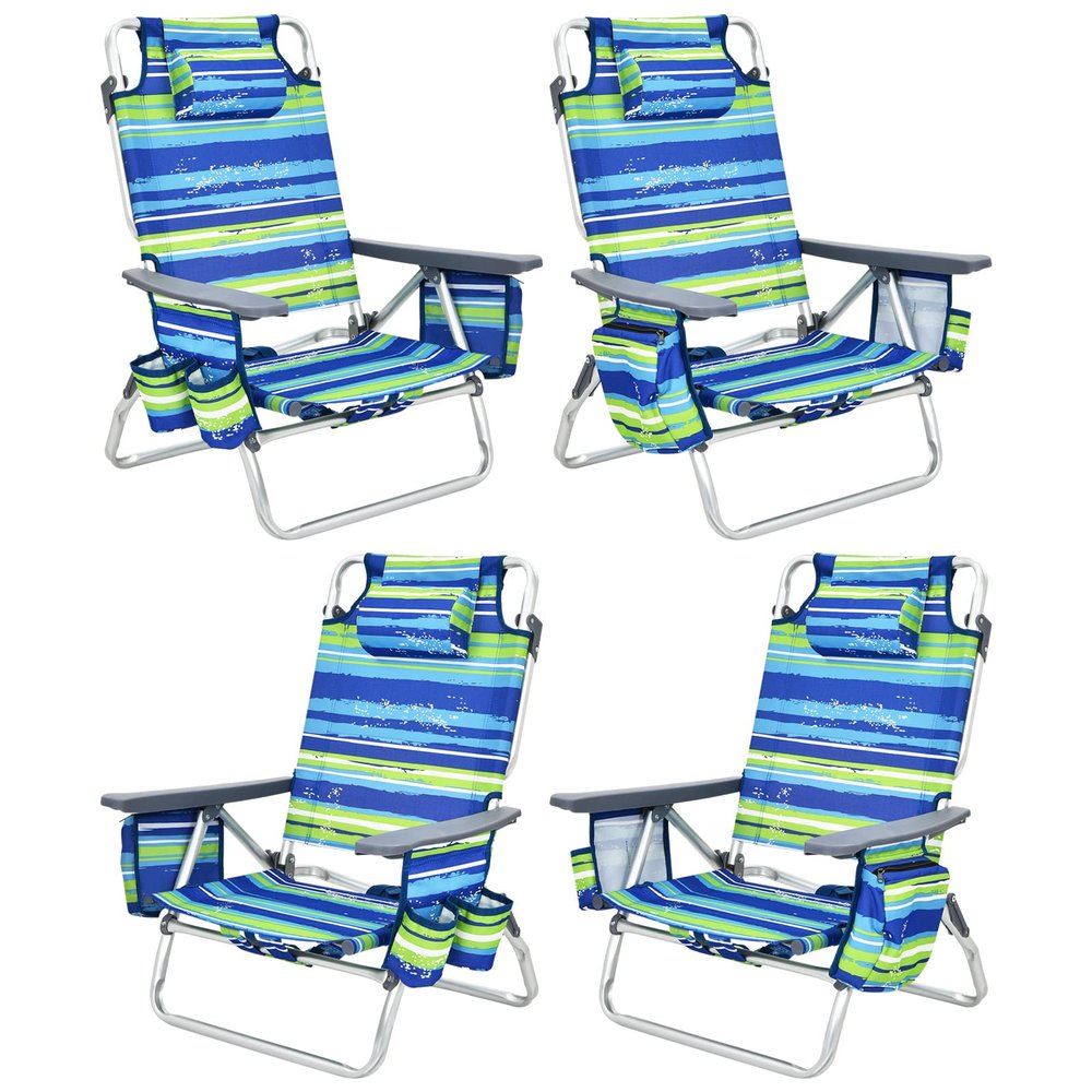S AFSTAR Beach Chair Set of 4, Folding Camping Chairs, 5-Position Adjustable Chairs W/Ice Bag, Comfort Pillow, Cup Holder, Backpack Recline Beach Chairs for Sunbathing Fishing Travel (4, Blue+Green)