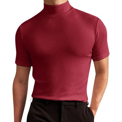 Men Lightweight Turtleneck T Shirt Slim Fit Pullover Short Sleeve Top Wine Red M
