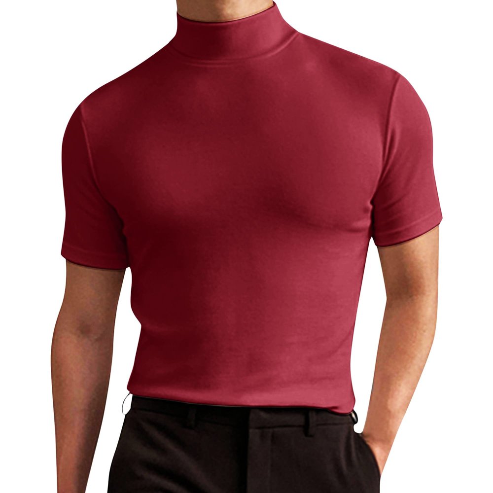 Men Lightweight Turtleneck T Shirt Slim Fit Pullover Short Sleeve Top Wine Red M