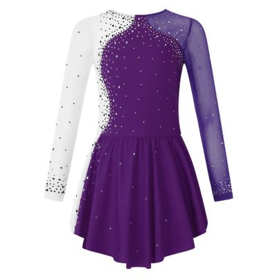 Freebily Kids Girls Figure Ice Skating Dress Mesh Long Sleeve Sparkly Flower Tulle Dance Dress Roller Skating Costume Purple A 8 Years
