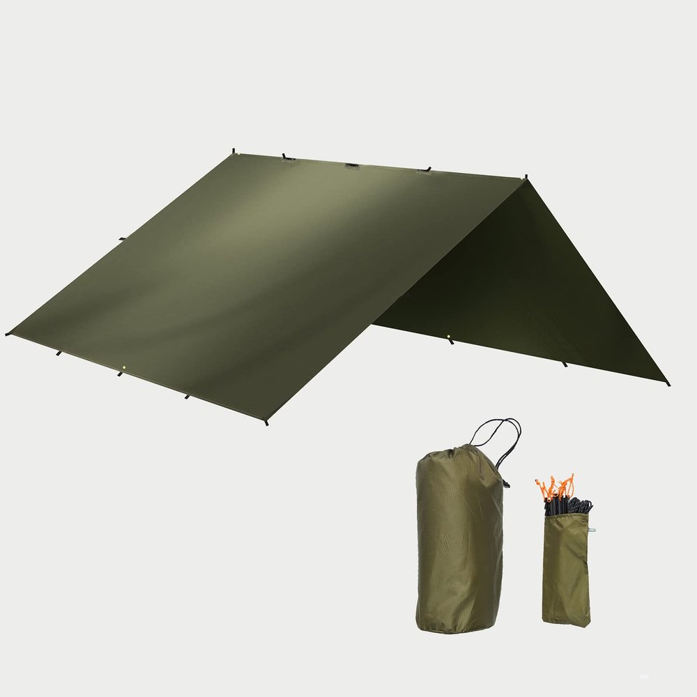 Hammock Rain Fly 10x10ft, Portable Camping tarp Waterproof, Reusable Ultralight Survival Shelter, Olive Green Rectangle Camping Tarps with Stakes, Wind Ropes and Carry Bag