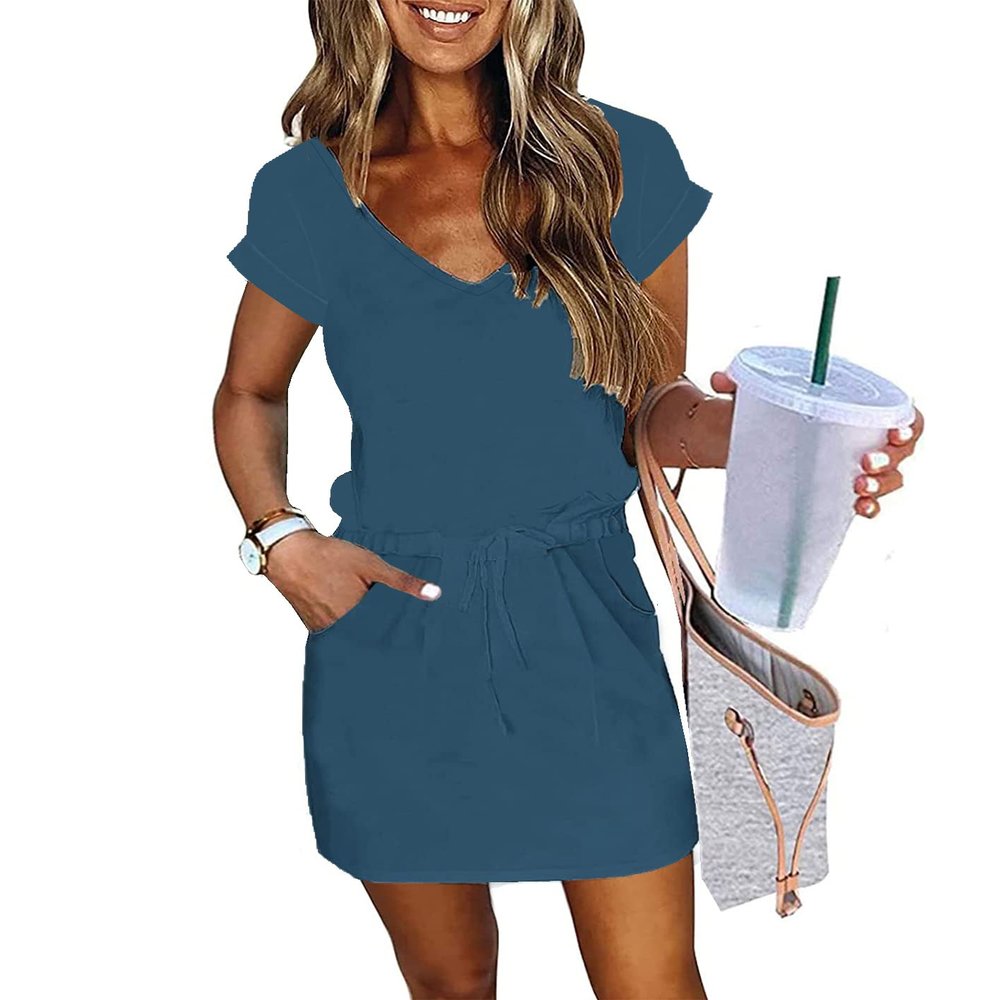 Womens Summer Dress Lantern Sleeve Square Neck Tie Front A-Line Double Layer Hem Mini Dresses Blue