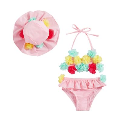 Yccutest Infant Baby Girl Flower Swimsuit 3Pcs Halter Triangle Tops Ruffle Bottoms Sun Hat Bikini Set Bathing Suit Swimwear (B-Pink,18-24 Months)