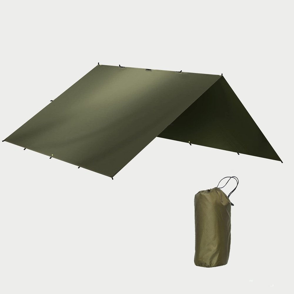 SLDAGe Camping Tent Tarp, 10x10ft Olive Green Waterproof Hammock Rain Fly, Portable and Ultralight Rectangle Survival Camping tarp for Outdoors, Camping, Hiking, Picnic, Backpacking