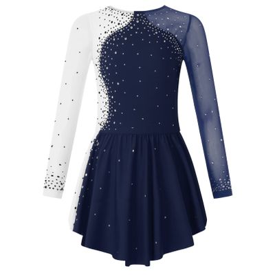 Agoky Kid Girls Shiny Figure Ice Skating Dress Long Sleeve Gymnastic Leotard Dress Roller Skater Ballet Dance Dress Dancewear Navy Blue B 8 Years