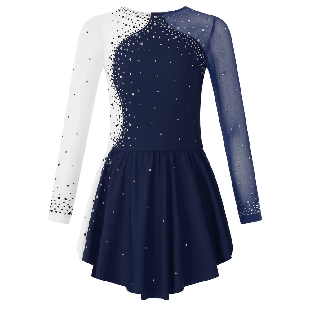 Agoky Kid Girls Shiny Figure Ice Skating Dress Long Sleeve Gymnastic Leotard Dress Roller Skater Ballet Dance Dress Dancewear Navy Blue B 8 Years