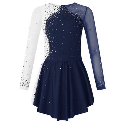 Freebily Kids Girls Figure Ice Skating Dress Mesh Long Sleeve Sparkly Flower Tulle Dance Dress Roller Skating Costume Navy Blue A 8 Years