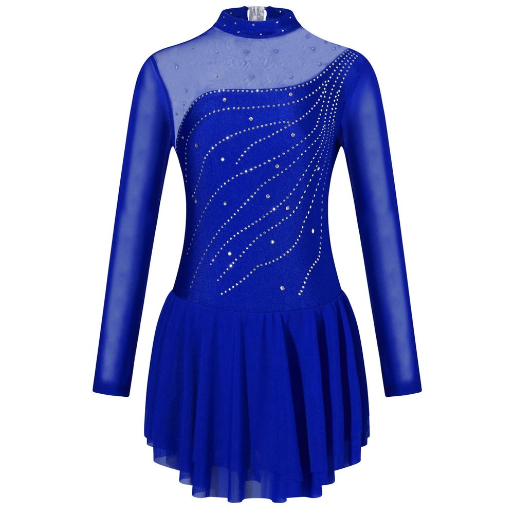 Agoky Kid Girls Shiny Figure Ice Skating Dress Long Sleeve Gymnastic Leotard Dress Roller Skater Ballet Dance Dress Dancewear Royal Blue A 16 Years