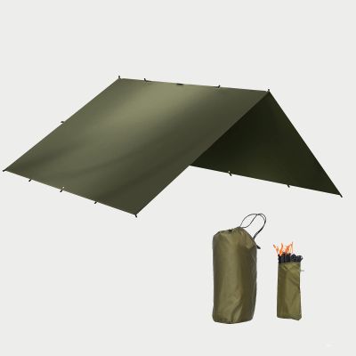 Camping Tent Tarp Olive Green Portable Hammock Rain Fly for Camping, Ultralight Waterproof Hammock Tarp, Reusable Rectangle Survival Shelter with Stakes, Wind Ropes and Carry Bag,3x4m