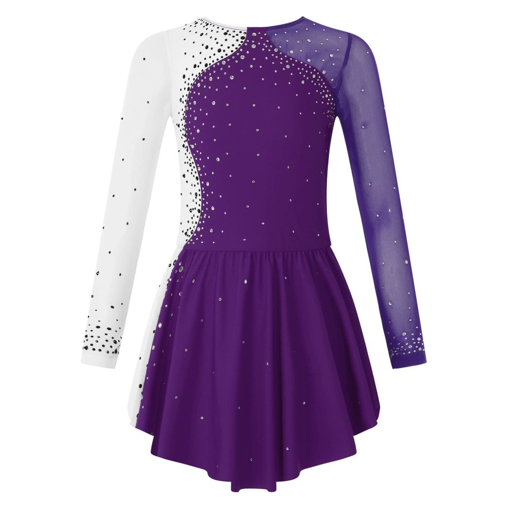 Agoky Kid Girls Shiny Figure Ice Skating Dress Long Sleeve Gymnastic Leotard Dress Roller Skater Ballet Dance Dress Dancewear Purple B 10 Years