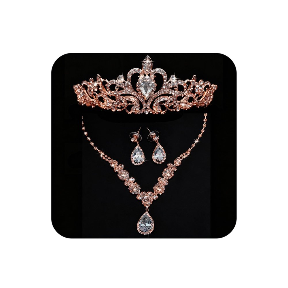 COCIDE Rose Gold Jewelry Set for Women Crystal Tiara and Necklace Kit for Girls Rhinestone Crown Earrings Neck Accessories for Bride Wedding Birthday Party Bridal Prom Bridesmaid Dress up