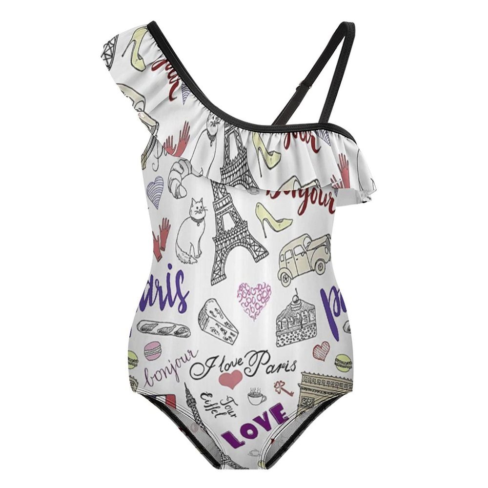 I Love Paris Girl's Swimsuit One Piece Ruffle Bathing Suit Swimwear Beachwear 10-12Y150cm