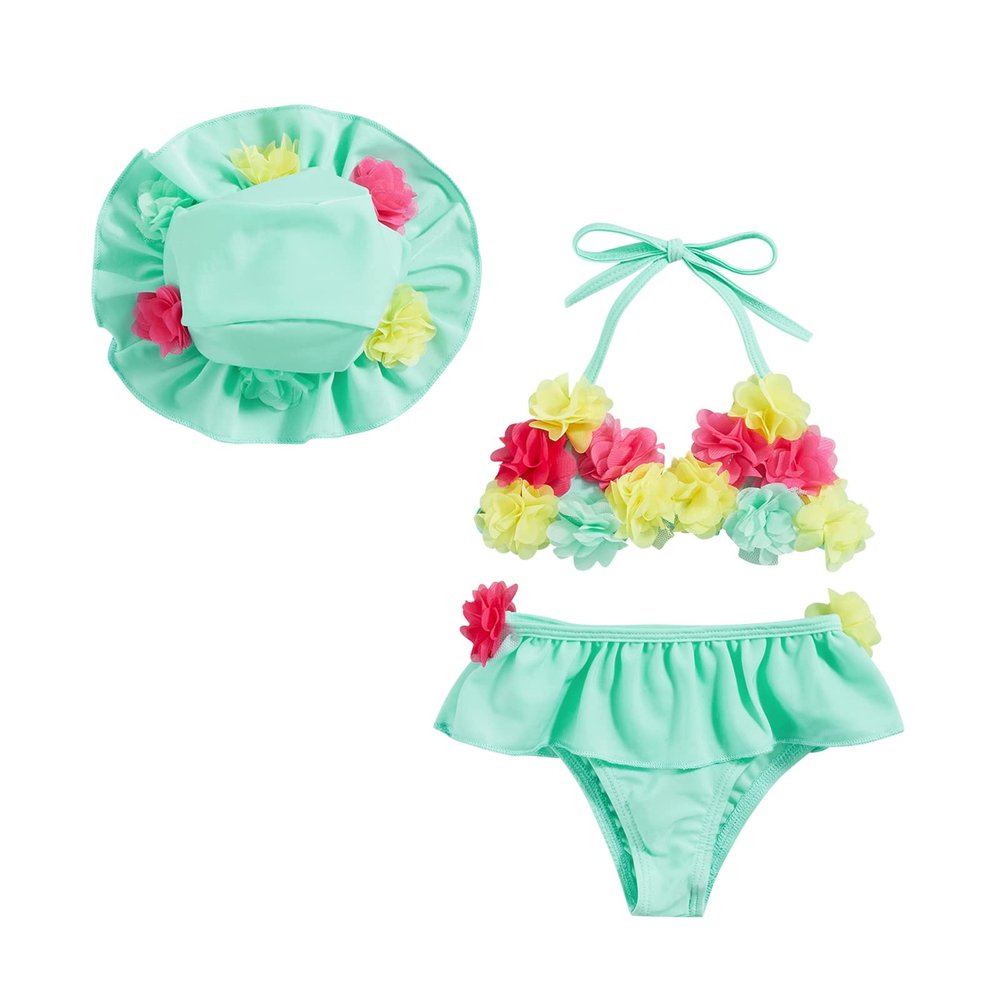 Yccutest Infant Baby Girl Flower Swimsuit 3Pcs Halter Triangle Tops Ruffle Bottoms Sun Hat Bikini Set Bathing Suit Swimwear (B-Green,18-24 Months)