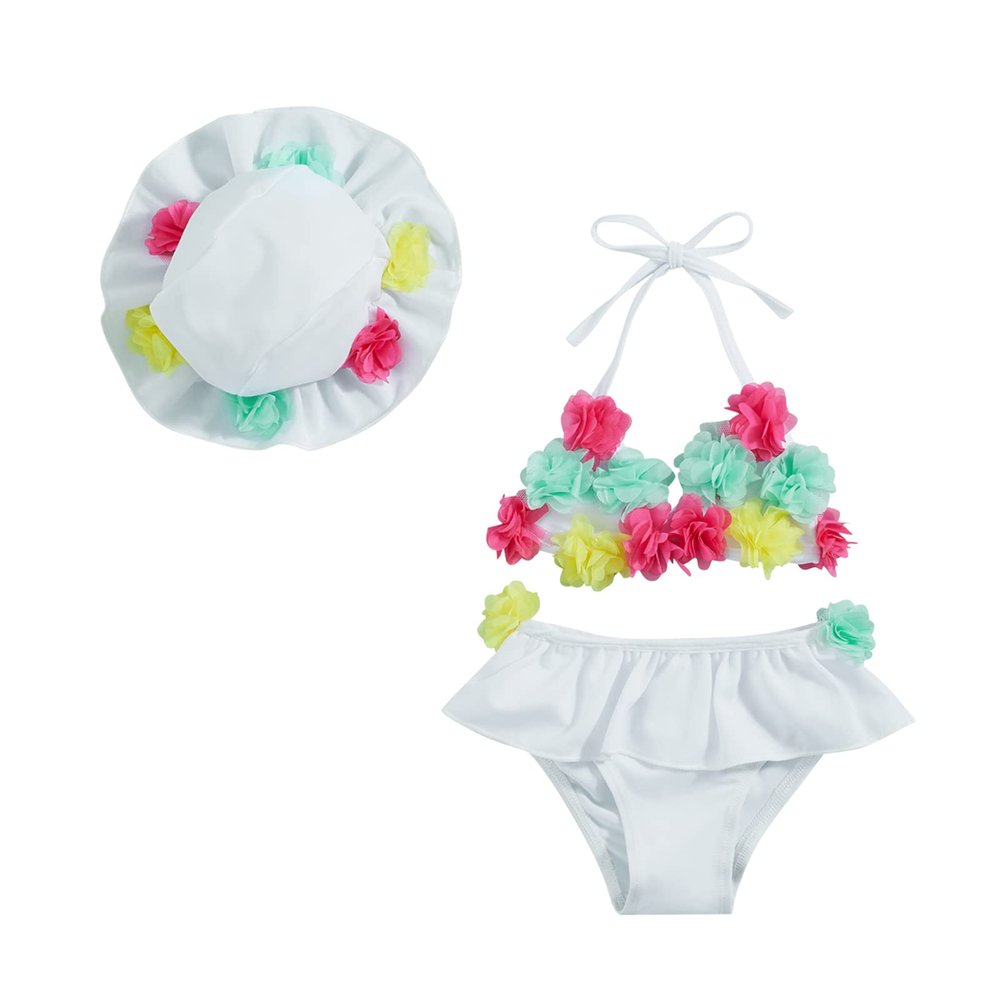 Yccutest Infant Baby Girl Flower Swimsuit 3Pcs Halter Triangle Tops Ruffle Bottoms Sun Hat Bikini Set Bathing Suit Swimwear (B-White,18-24 Months)