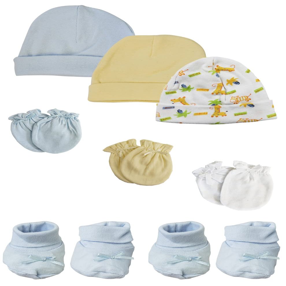 Bambini Preemie Baby Boy Caps with Infant Mittens and Booties - 8 Pack NC_0214 by Miracle USA White/Blue