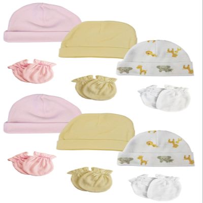 Bambini Baby Girls Caps and Mittens (Pack of 12) NC_0386 by Miracle USA White/Pink
