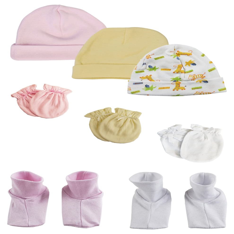 Bambini Baby Girl Infant Caps, Booties and Mittens (Pack of 8) NC_0325 by Miracle USA White/Pink