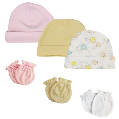 Bambini Girls Baby Caps and Mittens (Pack of 6) NC_0273 by Miracle USA White/Pink