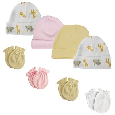 Bambini Baby Girls Caps and Mittens (Pack of 8) NC_0381 by Miracle USA White/Pink