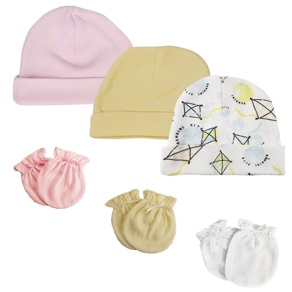Bambini Baby Girls Caps and Mittens (Pack of 6) NC_0357 by Miracle USA White/Pink