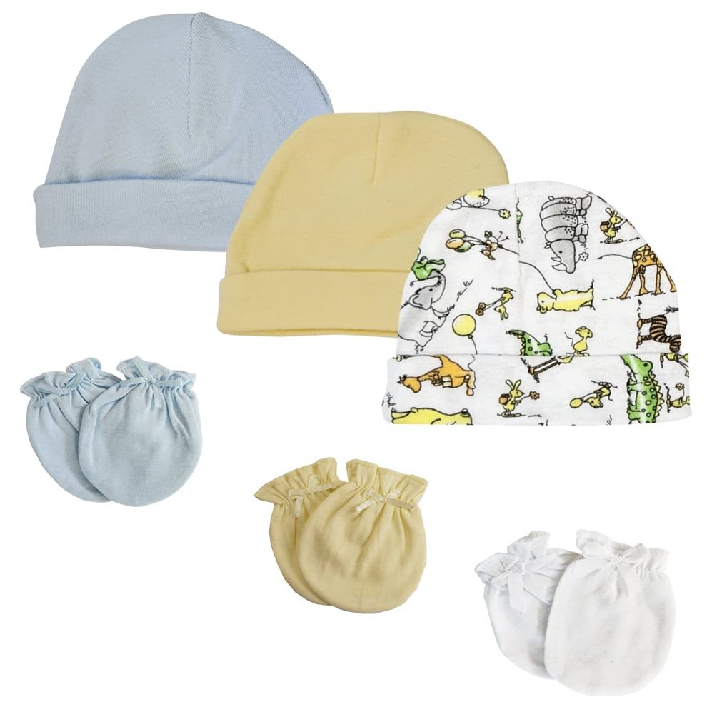Bambini Boys Baby Caps and Mittens (Pack of 6) NC_0291 by Miracle USA White/Blue