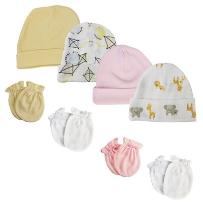 Bambini Baby Girls Caps and Mittens (Pack of 8) NC_0355 by Miracle USA White/Pink