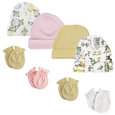 Bambini Boys Girls Caps and Mittens (Pack of 8) NC_0296 by Miracle USA White/Pink