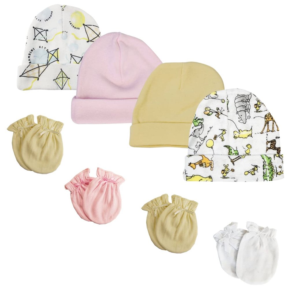 Bambini Boys Girls Caps and Mittens (Pack of 8) NC_0296 by Miracle USA White/Pink