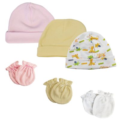 Bambini Baby Girl Infant Caps and Mittens (Pack of 6) NC_0324 by Miracle USA White/Pink